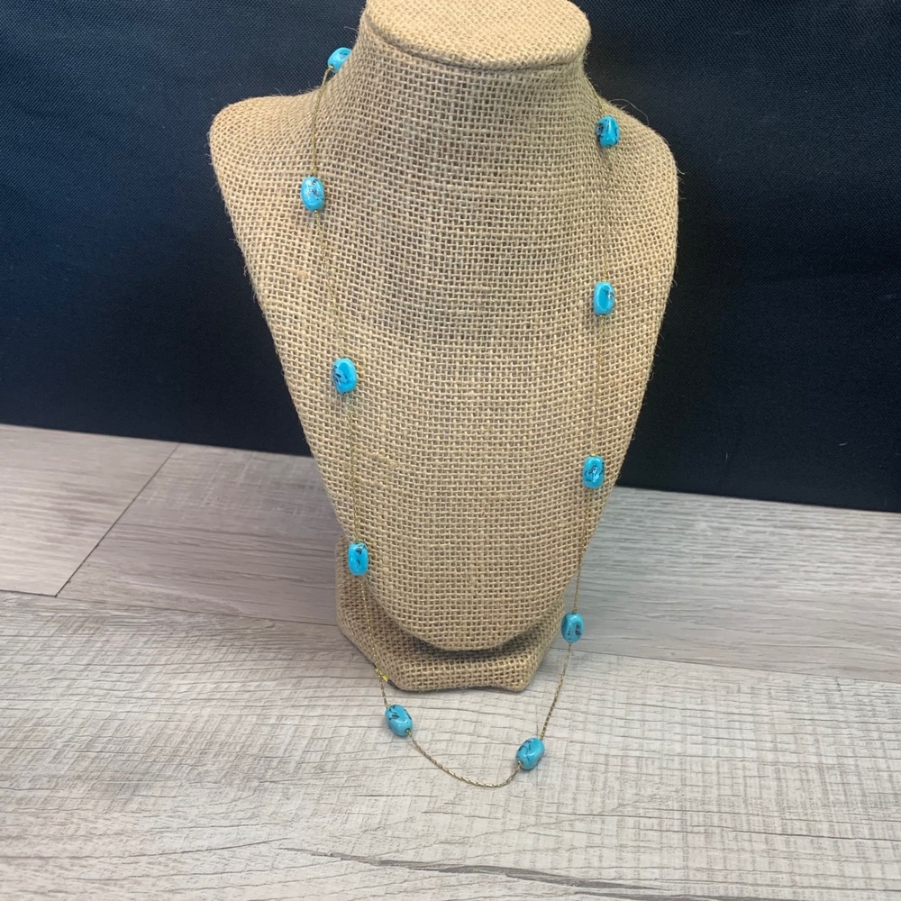 Vintage Gold Tone Turquoise Blue Faux Stone Station Necklace 26" Barrel Clasp